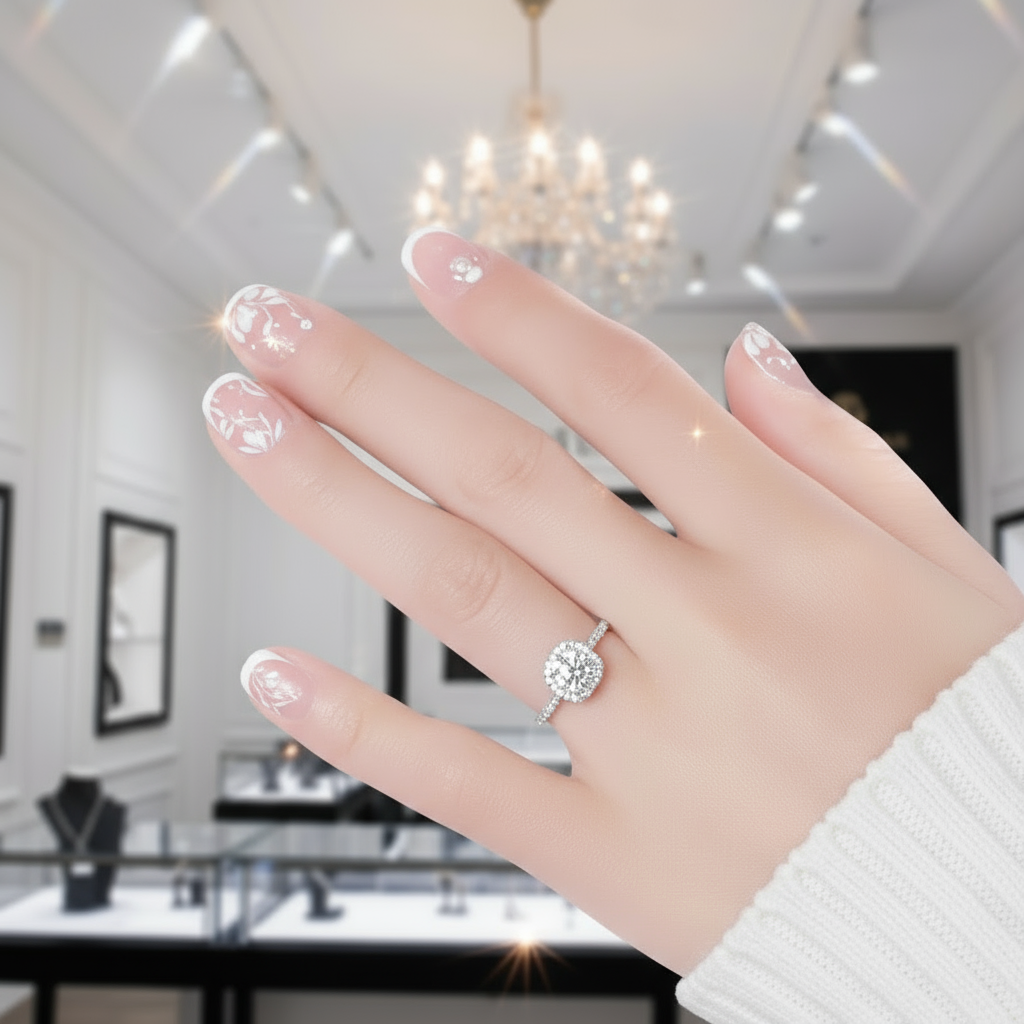 1.0 Ct 6.5mm Round Diamond Halo Engagement Ring-Black Diamonds New York