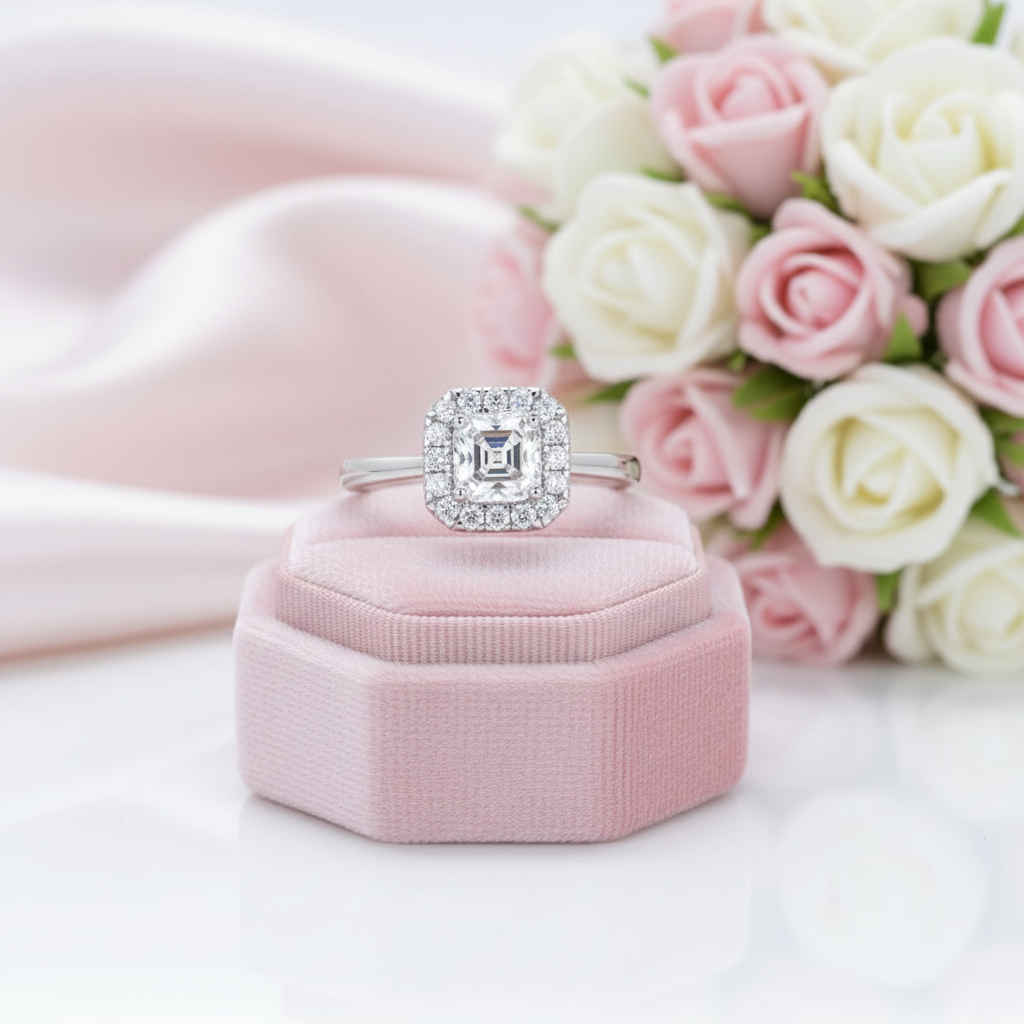 1.0 Ct Asscher Cut Diamond Option Halo Engagement Ring-Black Diamonds New York