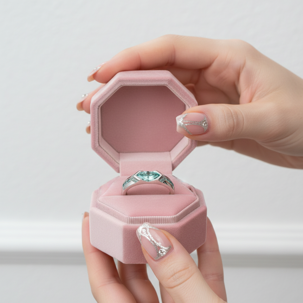 A silver ring with a green heart-shaped gemstone displayed in an open pink octagonal velvet ring box, held by two hands with decorated nails against a light gray background.