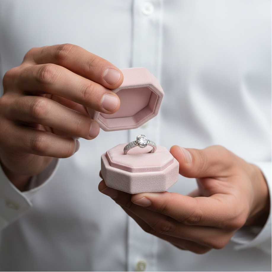 A silver-toned diamond ring is displayed inside an open light pink octagonal jewelry box, held in two hands against a white button-down shirt background.
