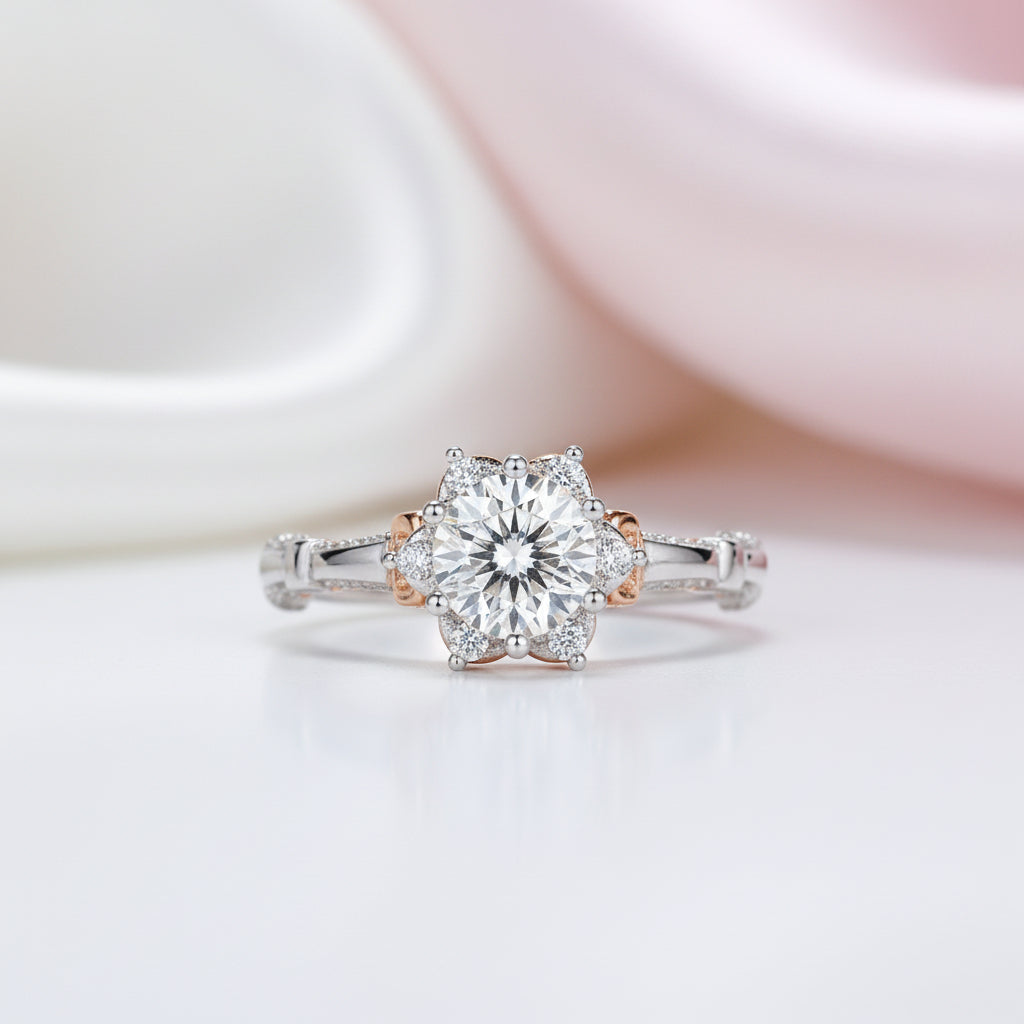 1.0 Ct Round Diamond Option Flower Engagement Ring-Black Diamonds New York