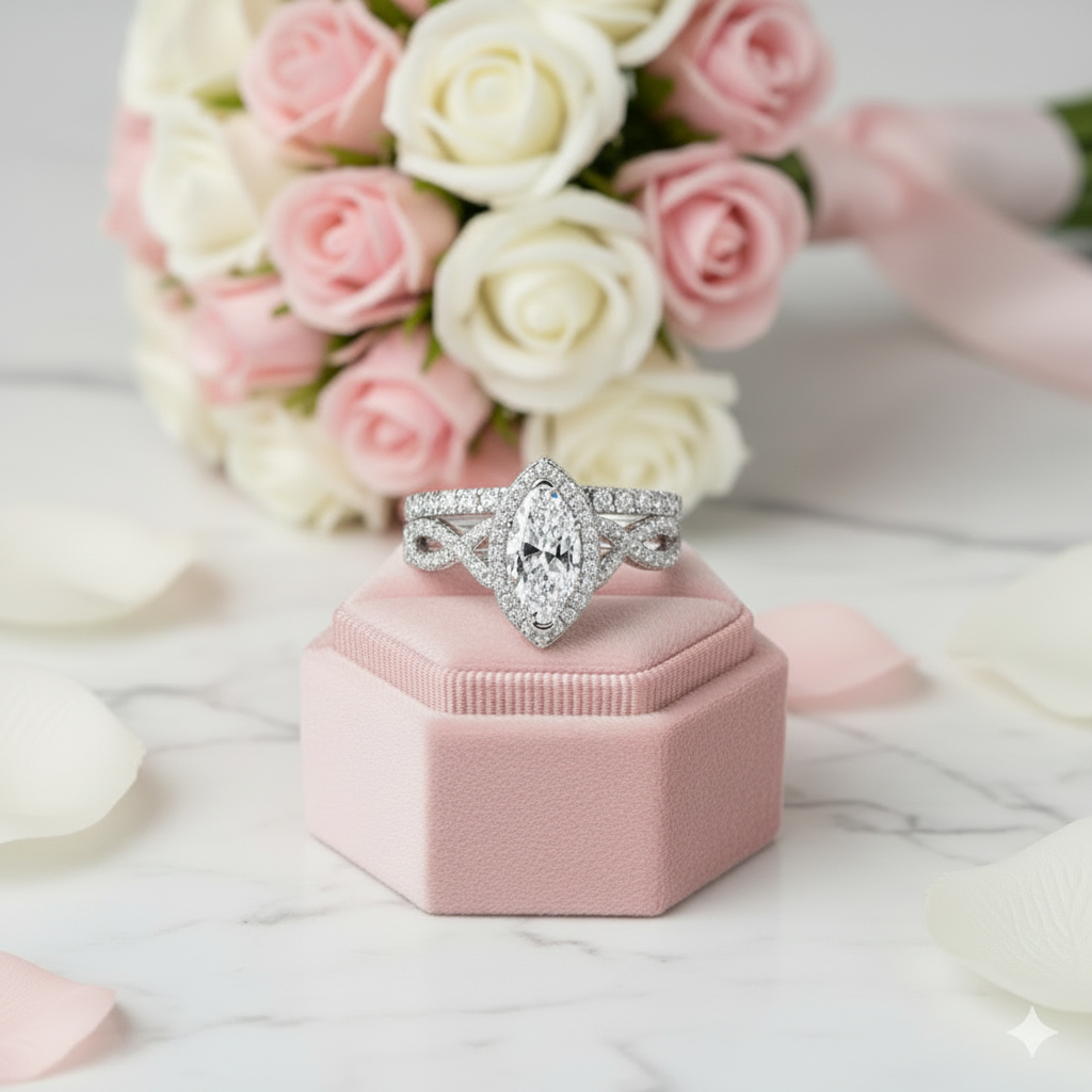 1.0 ct Marquise Cut Diamond Option White Gold Engagement Ring Set-Black Diamonds New York