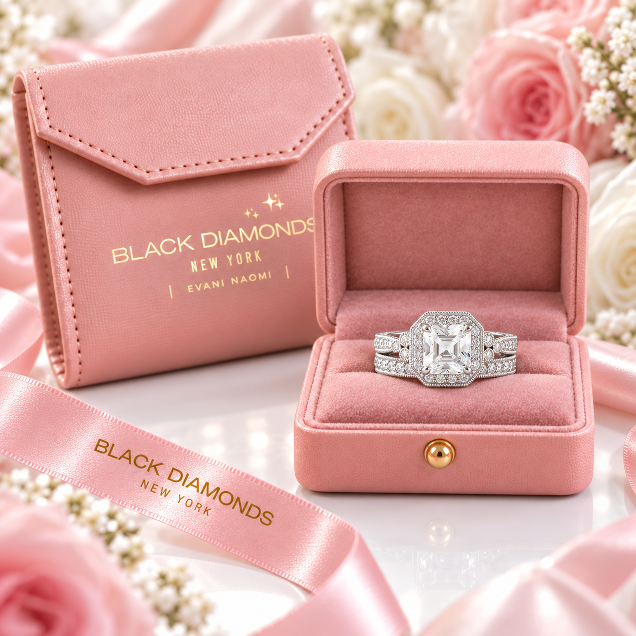 A silver-toned diamond ring with a large cushion-cut center stone is displayed in an open pink velvet ring box, with a matching closed pink box and pink ribbon printed with the brand name BLACK DIAMONDS NEW YORK. The scene is styled with soft pink roses and white baby's breath flowers on a reflective white surface.