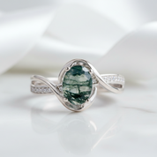 1.3Ct Oval Cut Natural Moss Agate Twist Engagement Ring-Black Diamonds New York