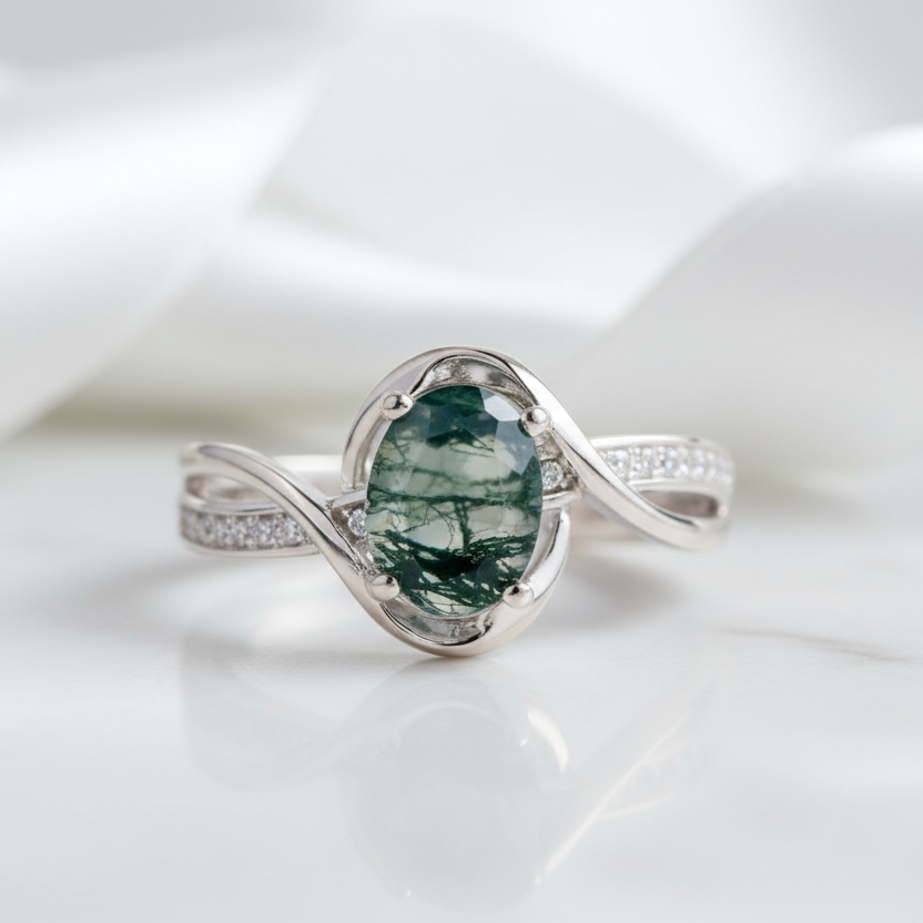 1.3Ct Oval Cut Natural Moss Agate Twist Engagement Ring-Black Diamonds New York