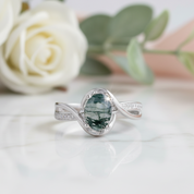 1.3Ct Oval Cut Natural Moss Agate Twist Engagement Ring-Black Diamonds New York