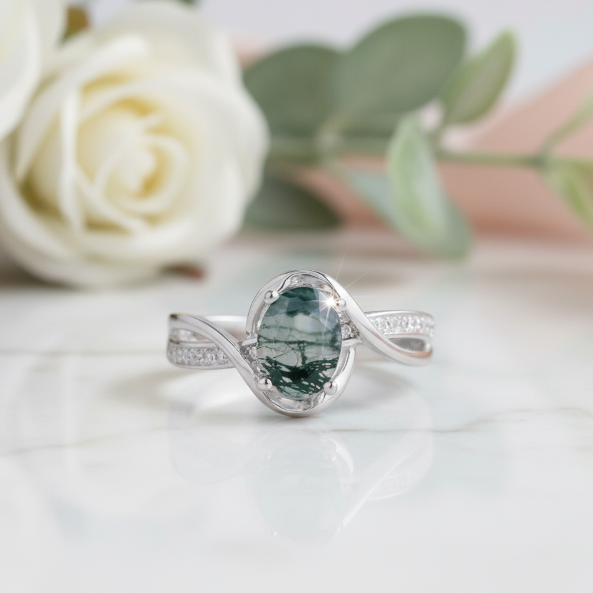 1.3Ct Oval Cut Natural Moss Agate Twist Engagement Ring-Black Diamonds New York