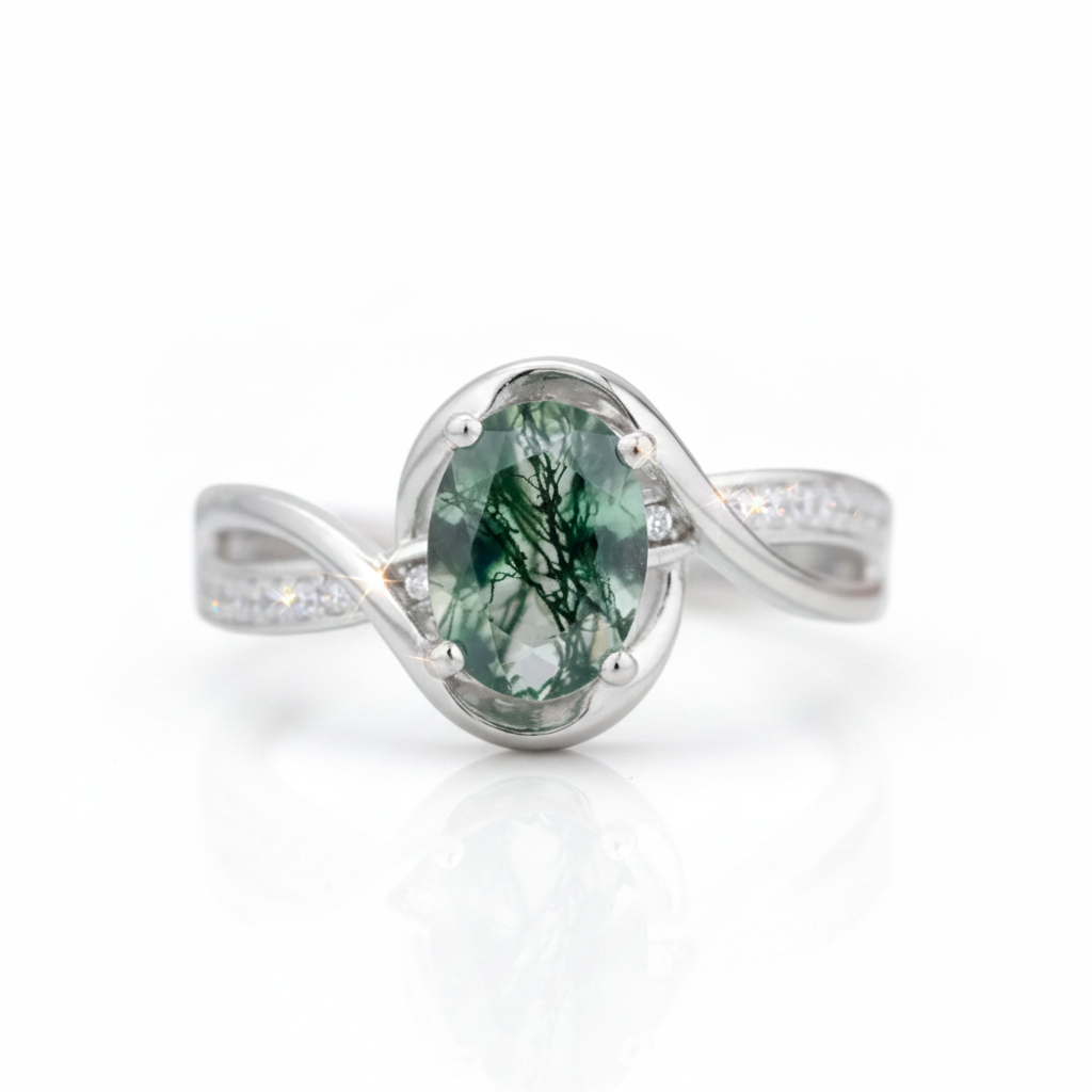 1.3Ct Oval Cut Natural Moss Agate Twist Engagement Ring-Black Diamonds New York