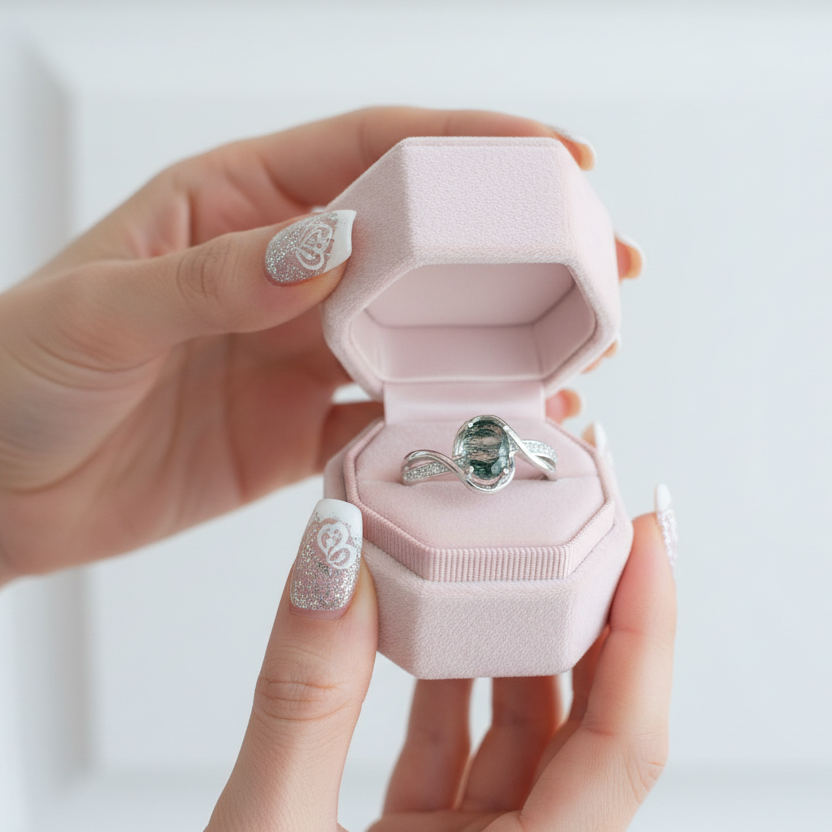 1.3Ct Oval Cut Natural Moss Agate Twist Engagement Ring-Black Diamonds New York