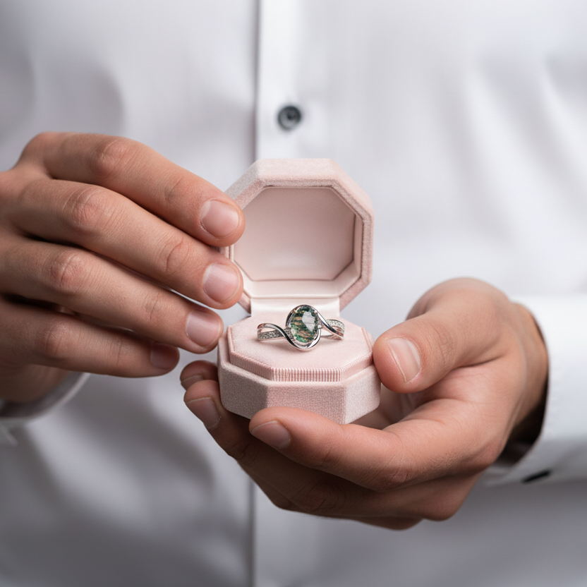 1.3Ct Oval Cut Natural Moss Agate Twist Engagement Ring-Black Diamonds New York