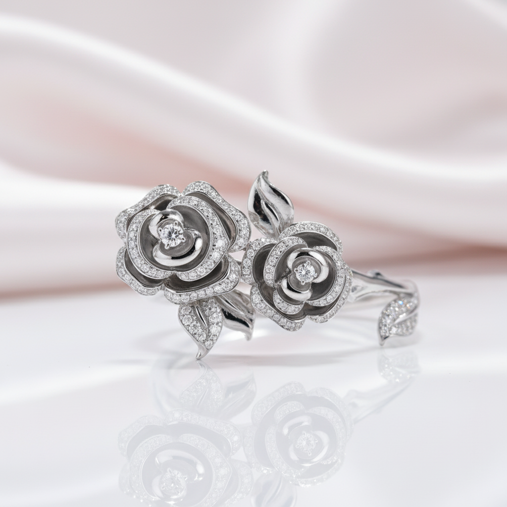 1.91 Ctw Round Diamond Option Camellia Flower Double Ring-Black Diamonds New York