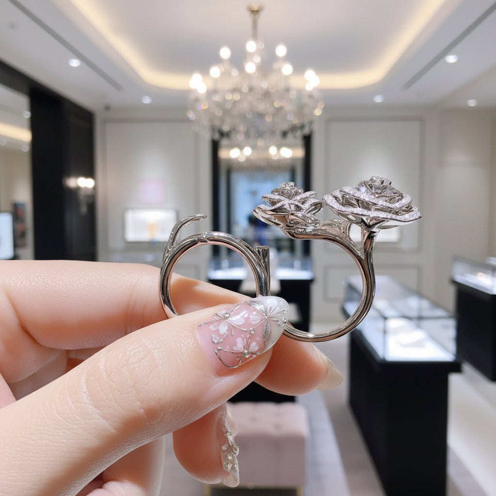 1.91 Ctw Round Diamond Option Camellia Flower Double Ring-Black Diamonds New York
