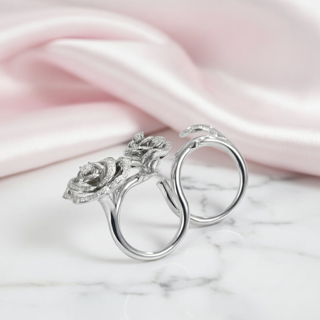 1.91 Ctw Round Diamond Option Camellia Flower Double Ring-Black Diamonds New York
