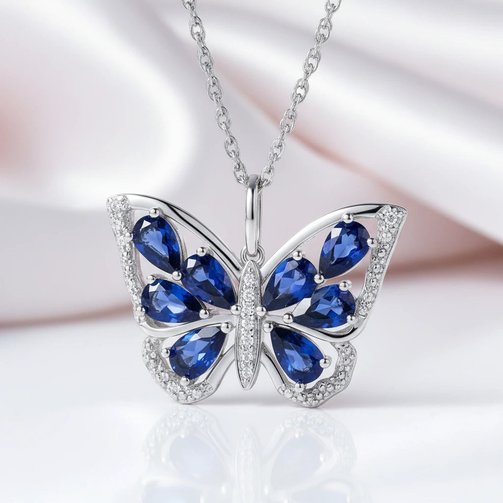1.9 Ct Pear-cut Ruby Gemstone Butterfly Pendant Necklace-Black Diamonds New York