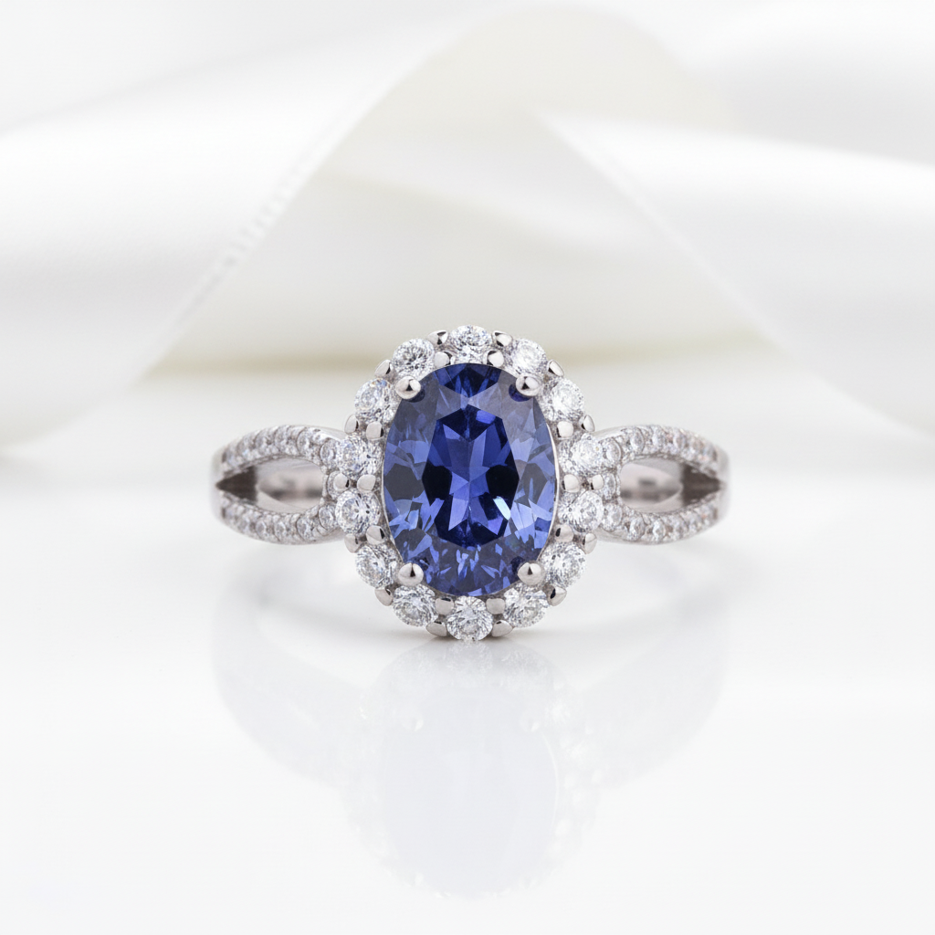 1.0 ct Blue Sapphire Oval Cut Halo Engagement Ring-Black Diamonds New York