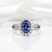 1.0 ct Blue Sapphire Oval Cut Halo Engagement Ring-Black Diamonds New York