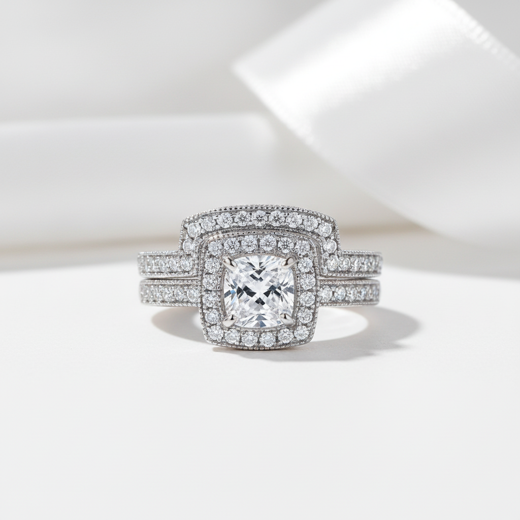 1.0 ct Cushion Cut Diamond Option Halo Ring Set-Black Diamonds New York