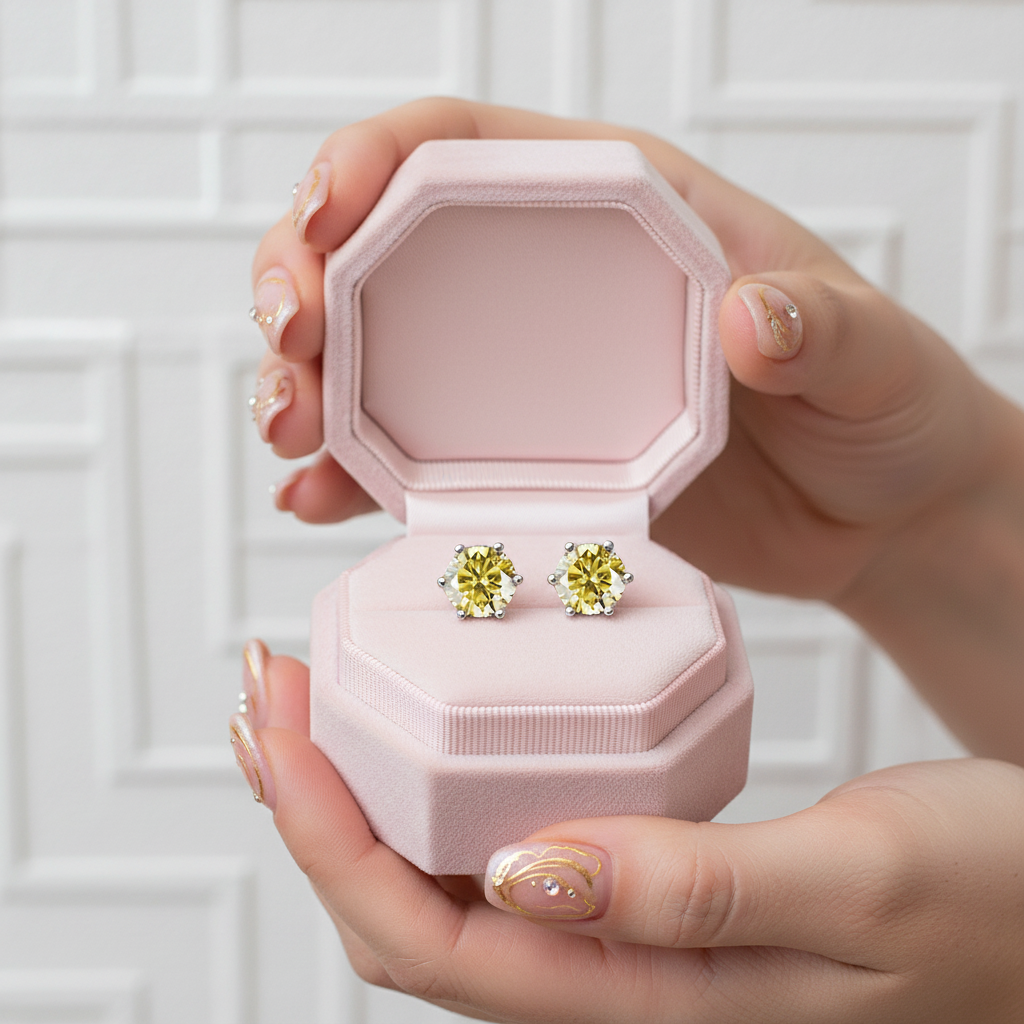 Pink jewelry box with yellow gemstone earrings held by a hand against a white background