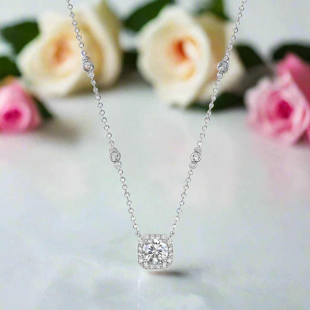 1.0 Ct Round Cut Diamond Halo Necklace-Black Diamonds New York