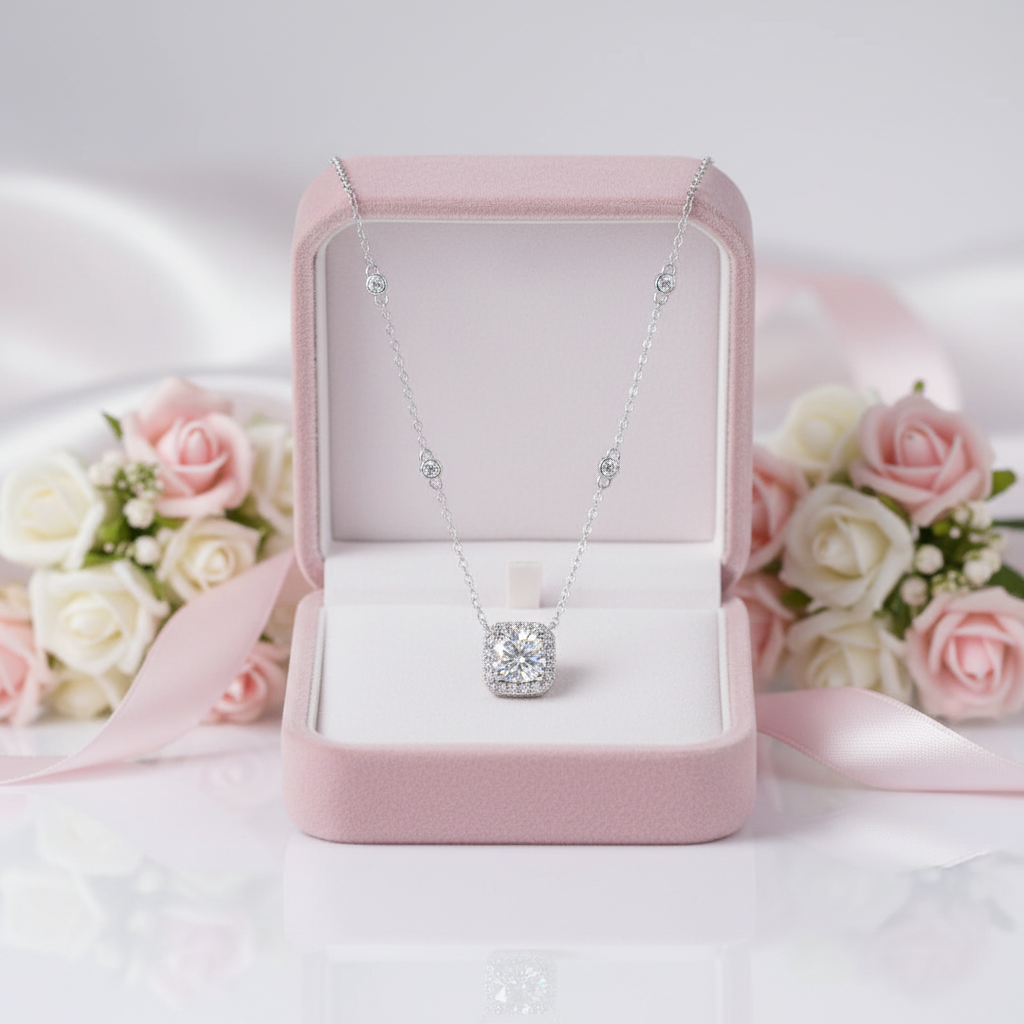 1.0 Ct Round Cut Diamond Option Halo Necklace-Black Diamonds New York