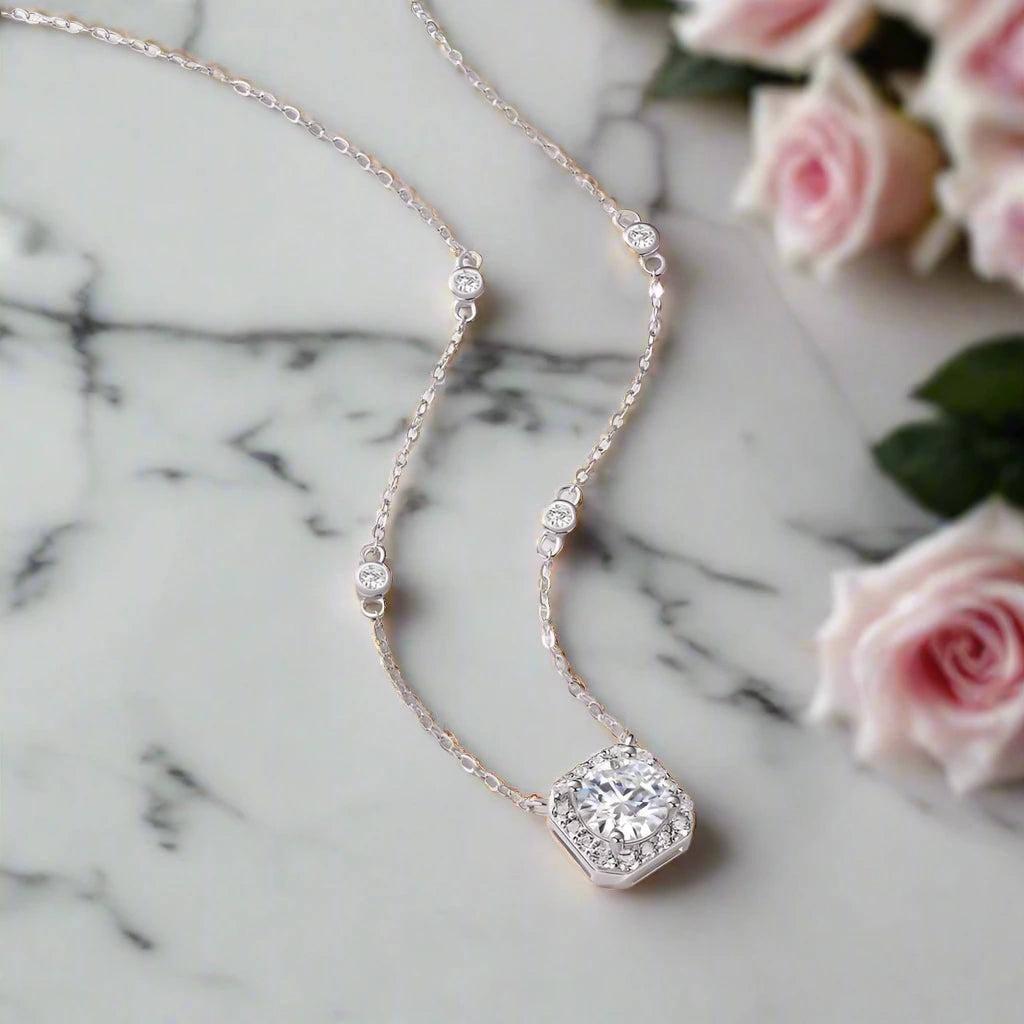 1.0 Ct Round Cut Diamond Halo Necklace-Black Diamonds New York