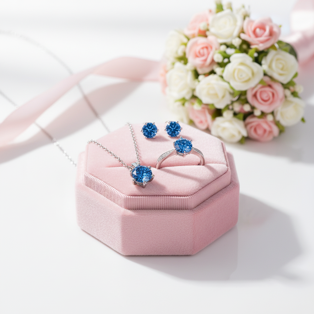 Jewelry set with blue gemstones in a pink jewelry box, accompanied by flowers.