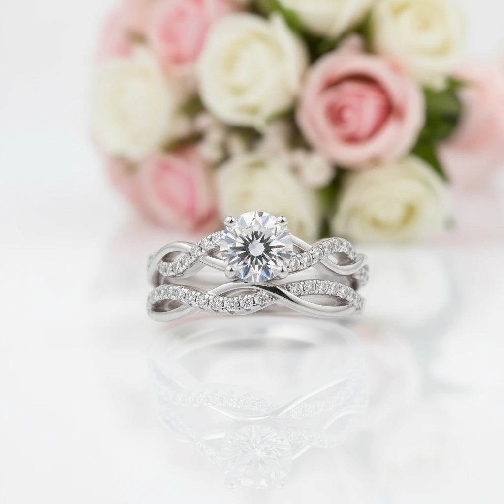 1.0 Ct Round Cut Diamond Twisted Engagement Ring Set-Black Diamonds New York