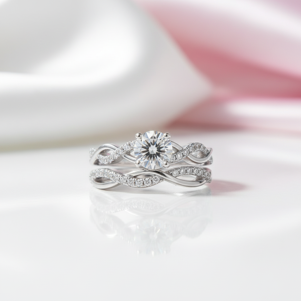 1.0 Ct Round Cut Diamond Option Twisted Engagement Ring Set-Black Diamonds New York