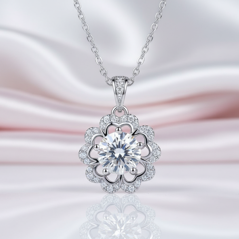 1.0 Ct Round Cut Diamond Flower Necklace-Black Diamonds New York