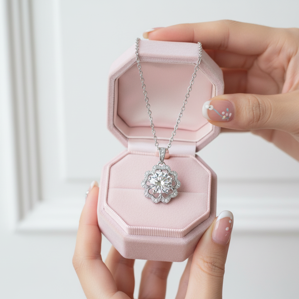 1.0 Ct Round Cut Diamond Flower Necklace-Black Diamonds New York