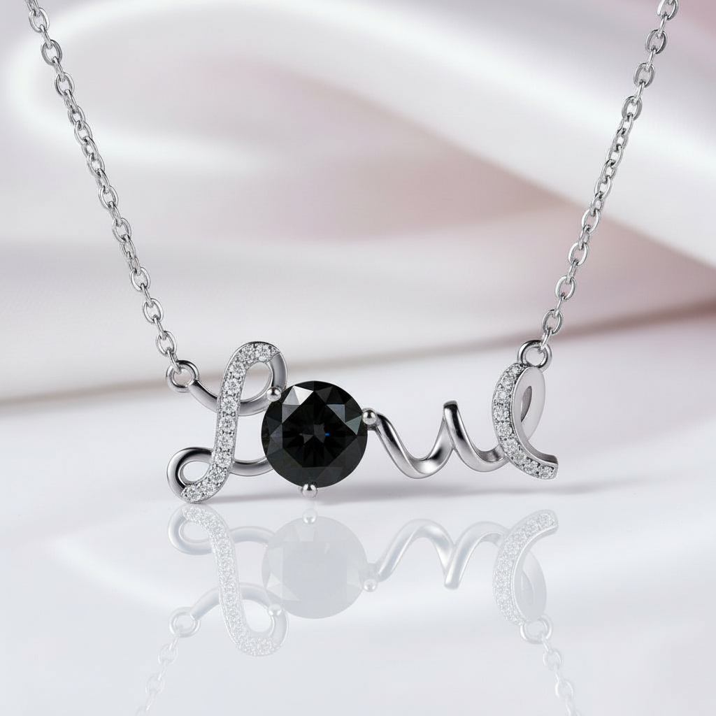 1.0 Ct Round Cut Diamond Option Birthstone Love Design Necklace-Black Diamonds New York