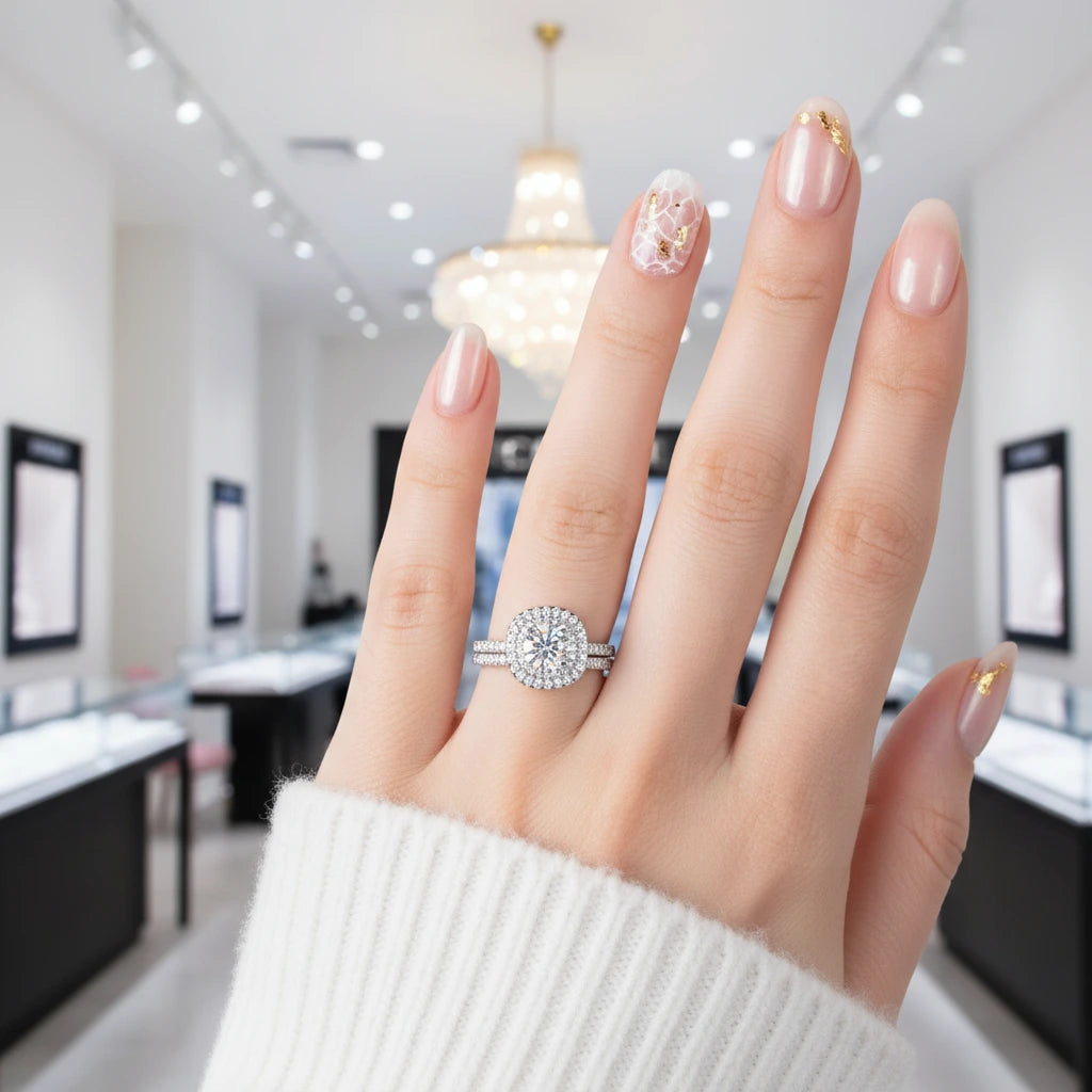 1.0 Ct Round Diamond Option Double Halo Engagement Ring Set-Black Diamonds New York