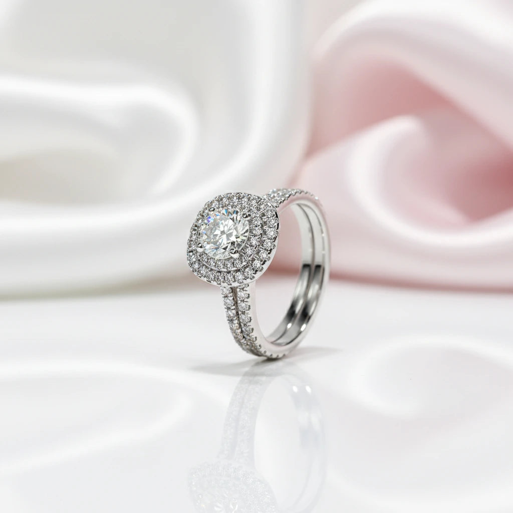 1.0 Ct Round Diamond Option Double Halo Engagement Ring Set-Black Diamonds New York