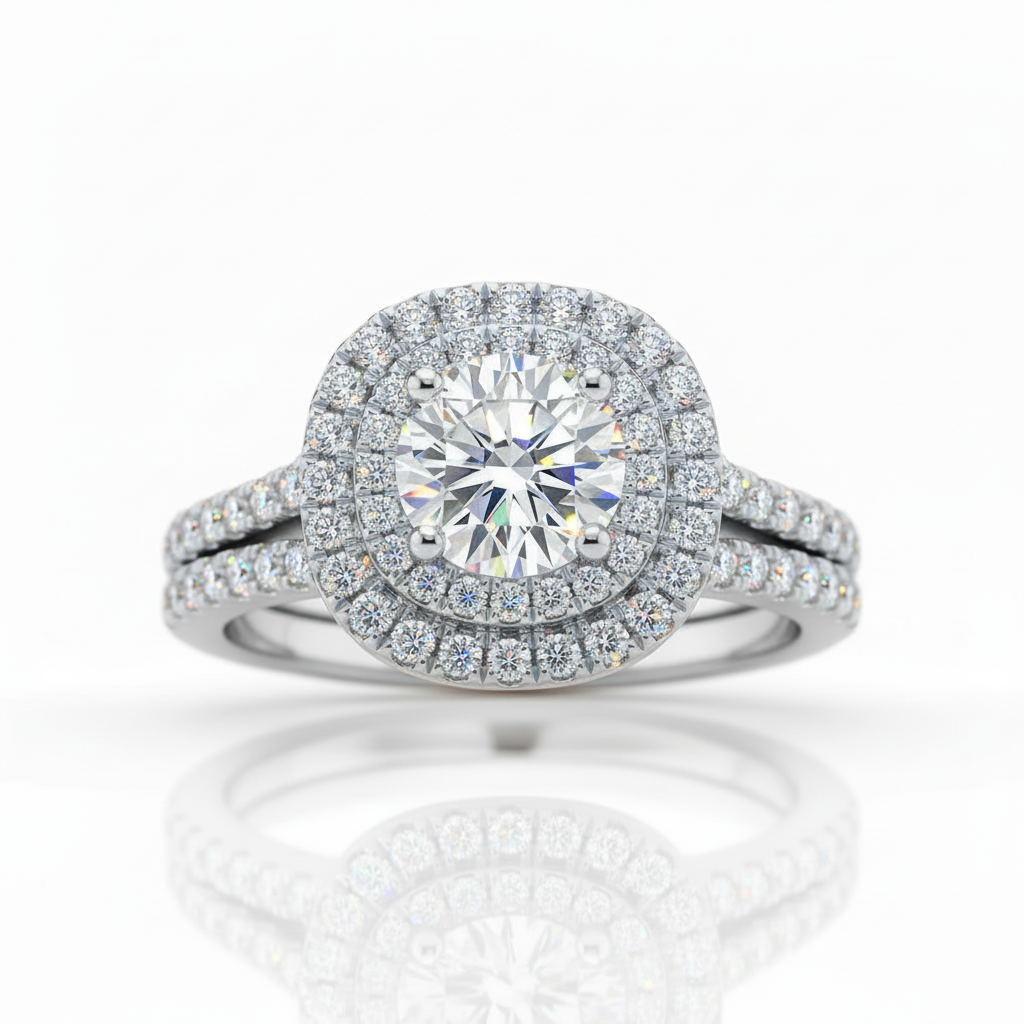 1.0 Ct Round Diamond Option Double Halo Engagement Ring Set-Black Diamonds New York