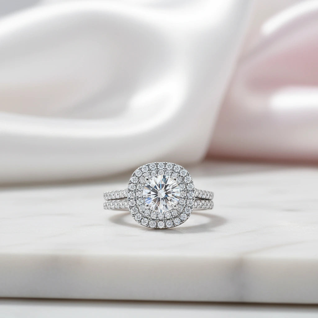 1.0 Ct Round Diamond Option Double Halo Engagement Ring Set-Black Diamonds New York