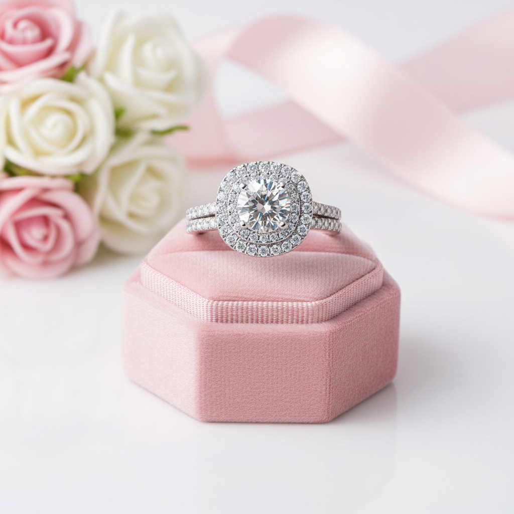 1.0 Ct Round Diamond Option Double Halo Engagement Ring Set-Black Diamonds New York