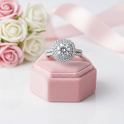 1.0 Ct Round Diamond Option Double Halo Engagement Ring Set-Black Diamonds New York