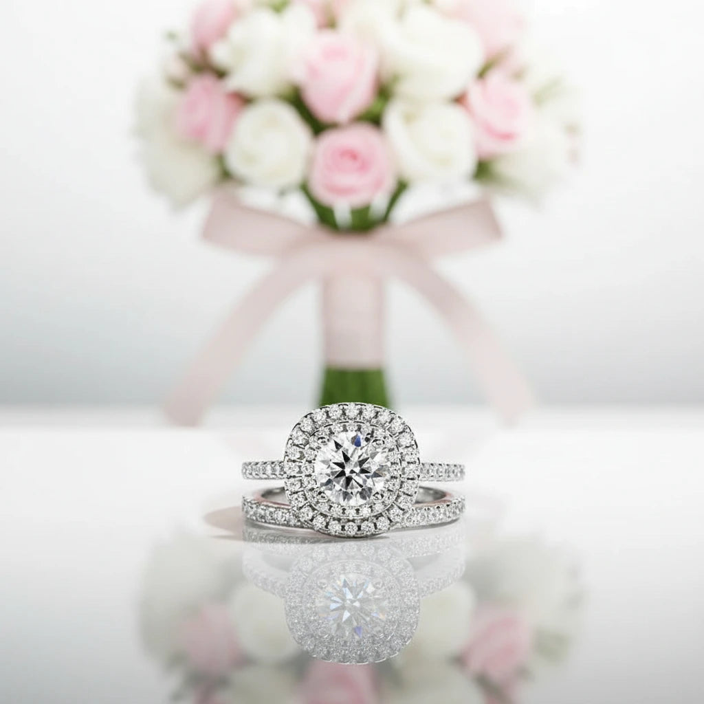 1.0 Ct Round Diamond Option Double Halo Engagement Ring Set-Black Diamonds New York