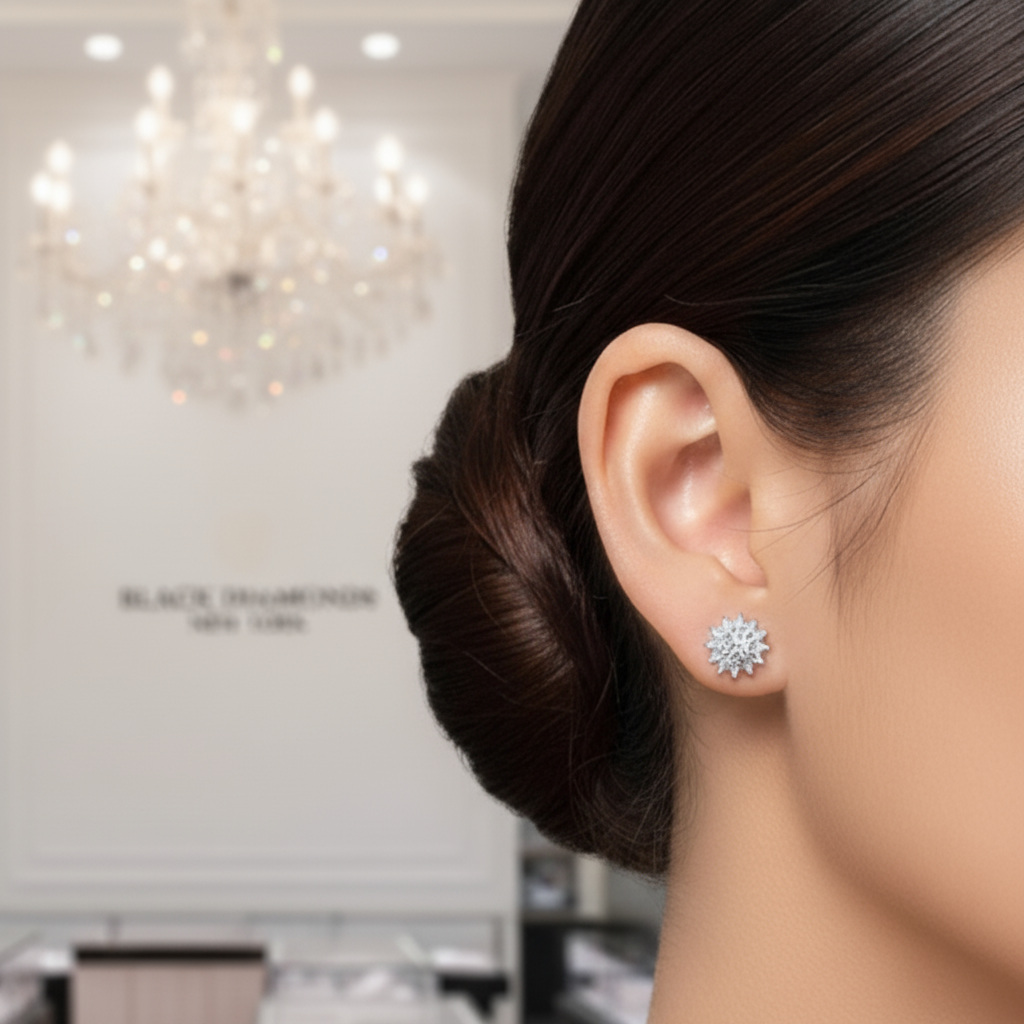 1.0 Ctw Diamond Sunflower Stud Earrings-Black Diamonds New York