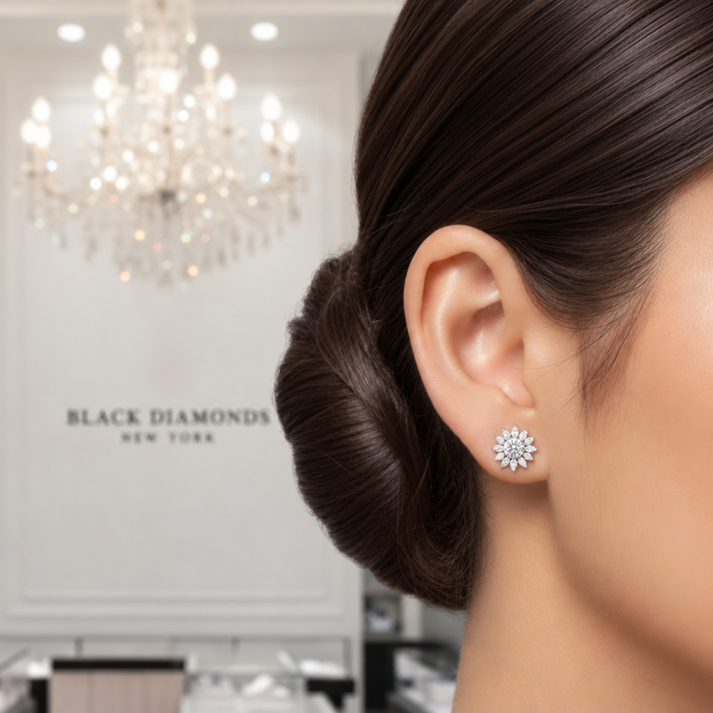 1.0 Ctw Diamond Option Sunflower Stud Earrings-Black Diamonds New York