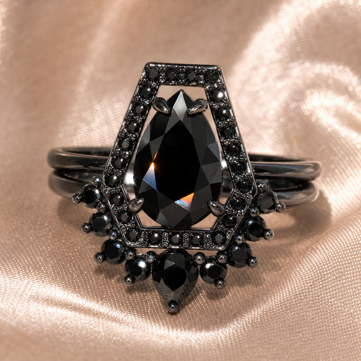Faithfulness-1ct Black Pear Cut Diamond Option 14k White Gold Coffin Ring Set-Black Diamonds New York