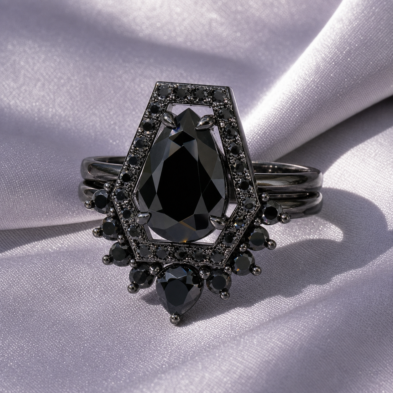 Faithfulness-1ct Black Pear Cut Diamond Option 14k White Gold Coffin Ring Set-Black Diamonds New York