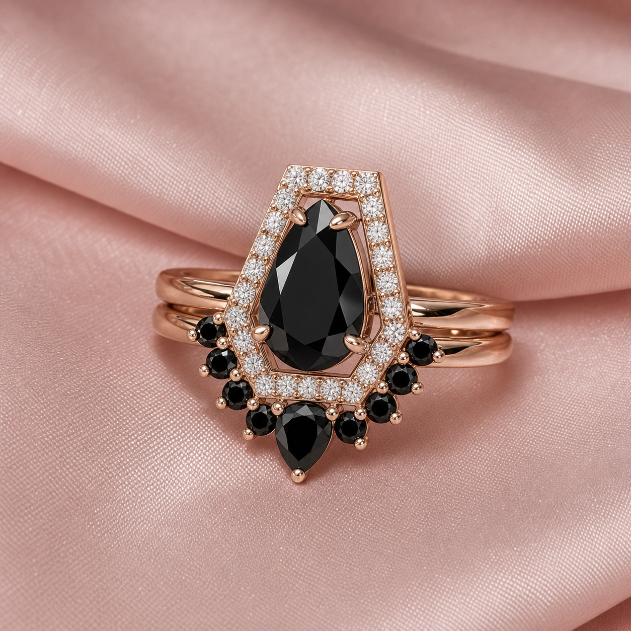 Faithfulness-1ct Black Pear Cut Diamond Option 14k White Gold Coffin Ring Set-Black Diamonds New York