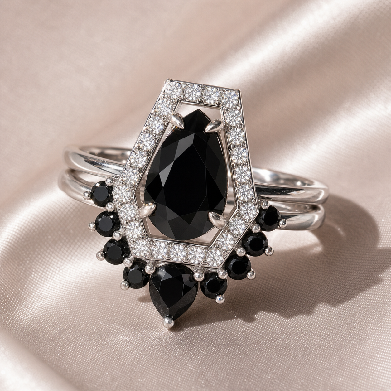 Faithfulness-1ct Black Pear Cut Diamond Option 14k White Gold Coffin Ring Set-Black Diamonds New York