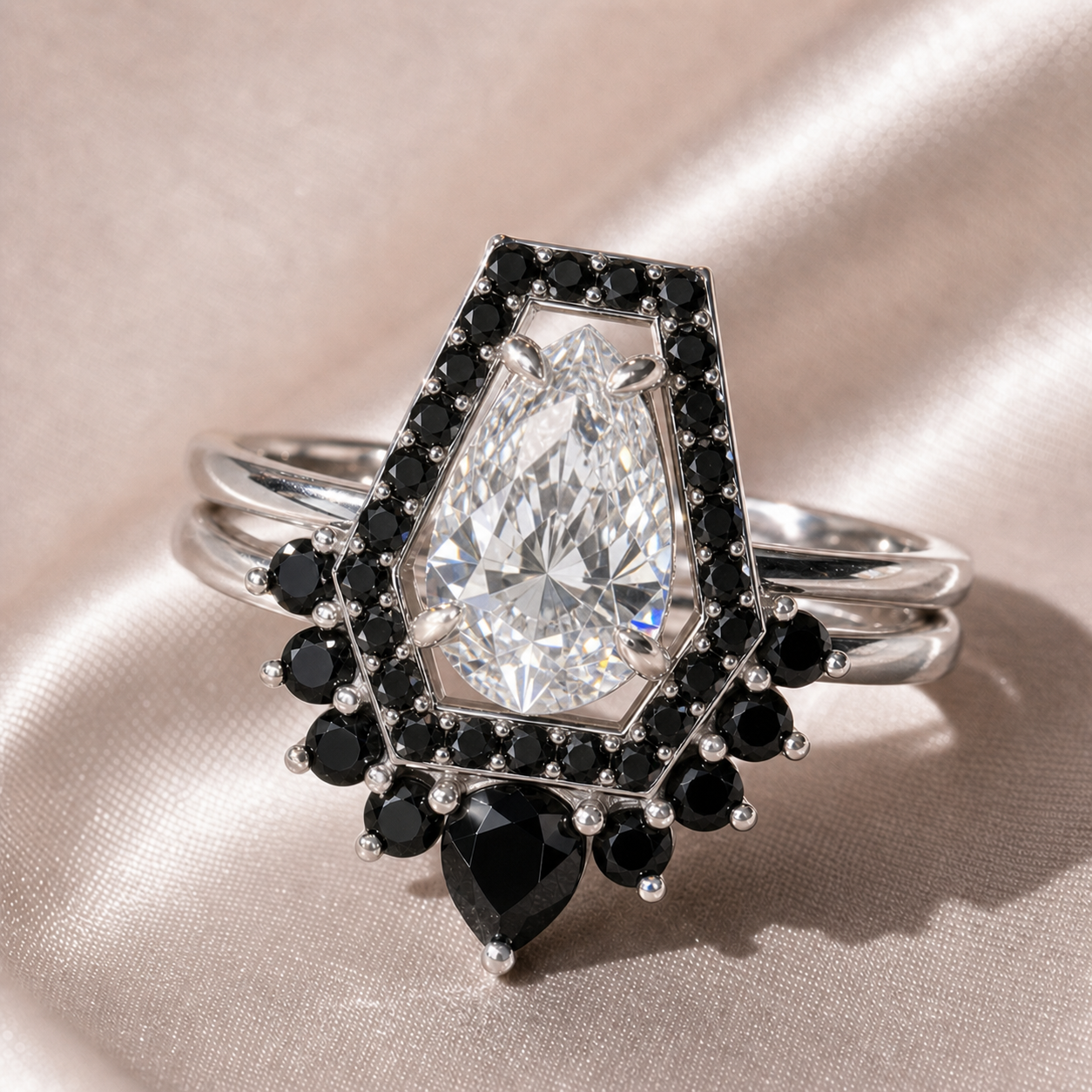 Faithfulness-1ct Black Pear Cut Diamond Option 14k White Gold Coffin Ring Set-Black Diamonds New York