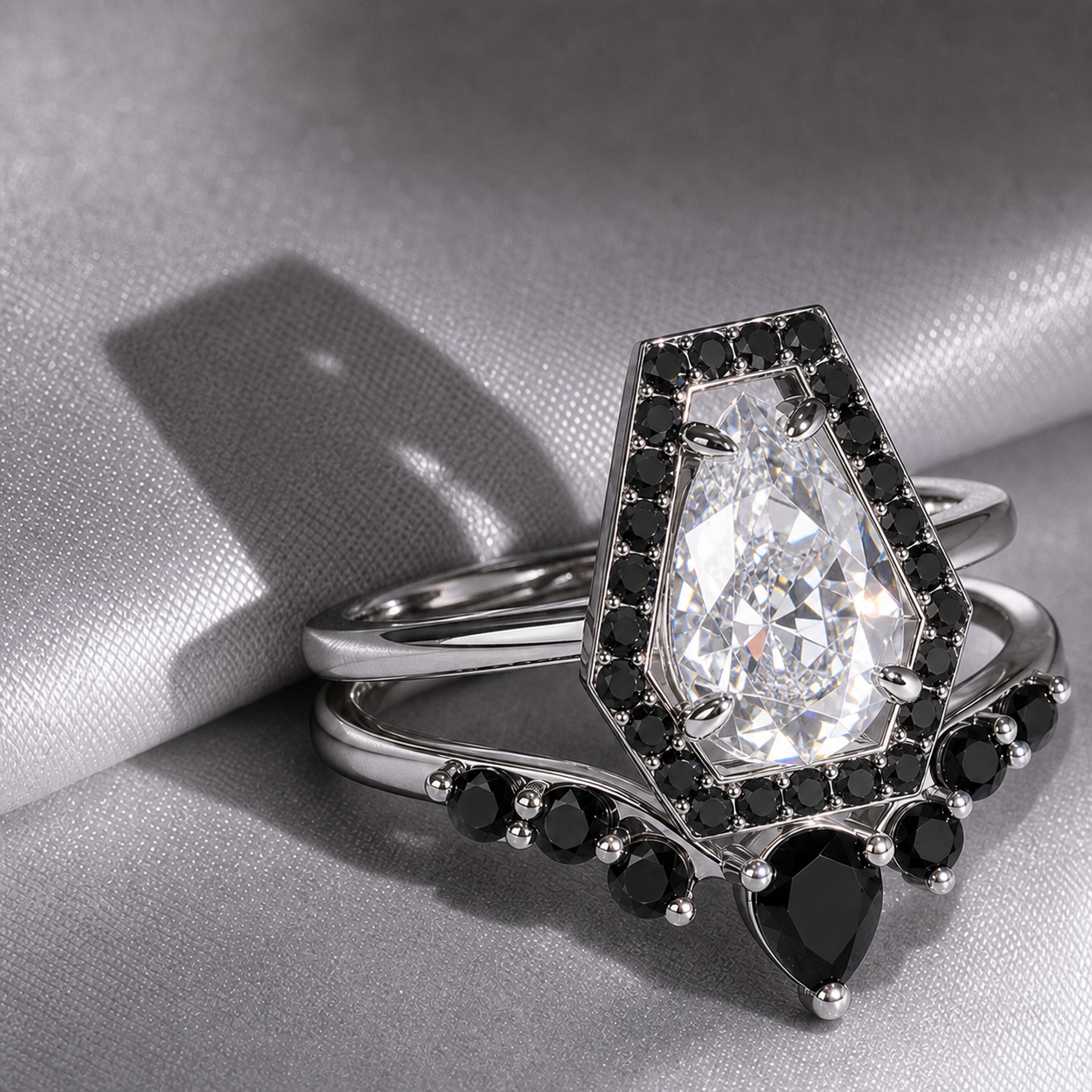 Faithfulness-1ct Black Pear Cut Diamond Option 14k White Gold Coffin Ring Set-Black Diamonds New York