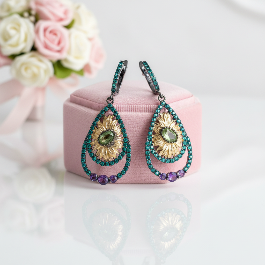 1.03ct Peridot Sunflower Drop Earrings-Black Diamonds New York