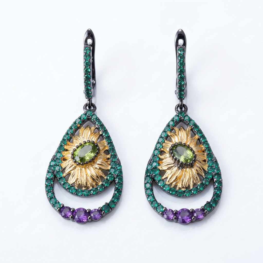 1.03ct Peridot Sunflower Drop Earrings-Black Diamonds New York