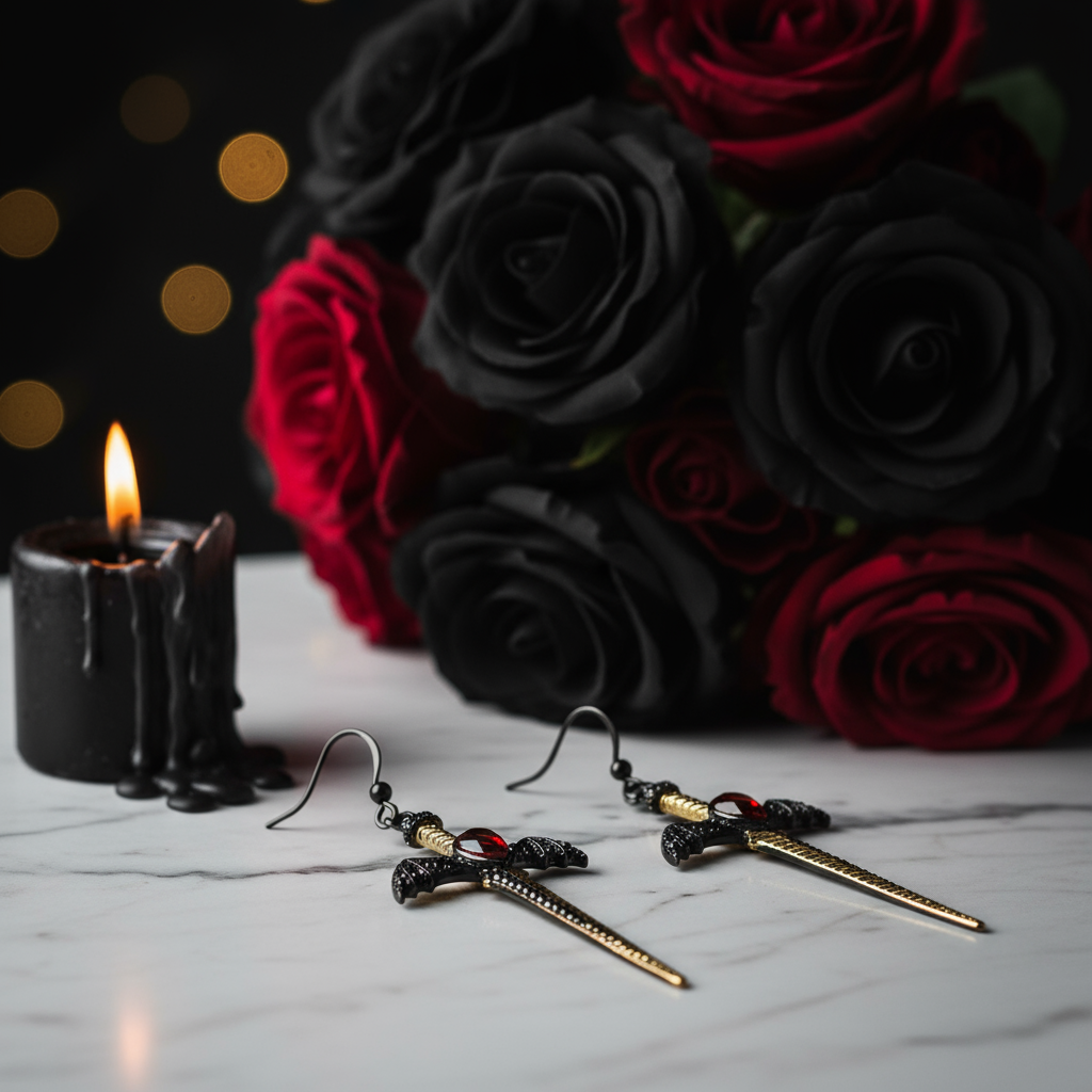 1.05Ct Natural Garnet Bat's Wing Sword Drop Earrings-Black Diamonds New York