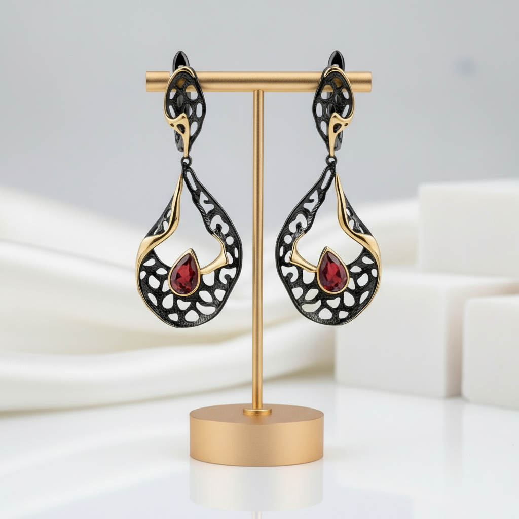 1.05Ct Natural Garnet Handmade Hollow Drop Earrings-Black Diamonds New York